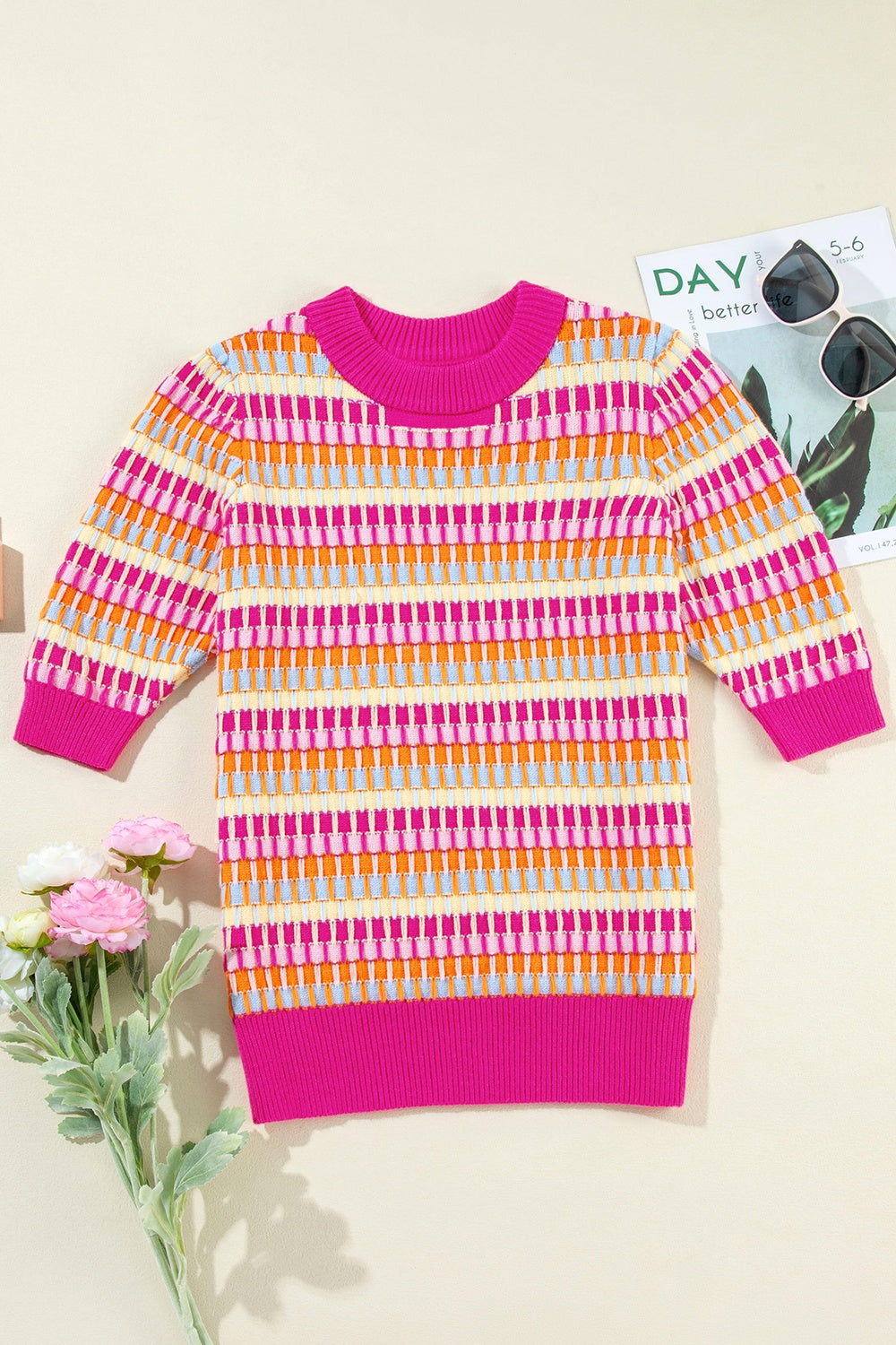 TEEK - Hot Pink Contrast Stitch Stripe Half Sleeve Knit Top TOPS TEEK Trend S  