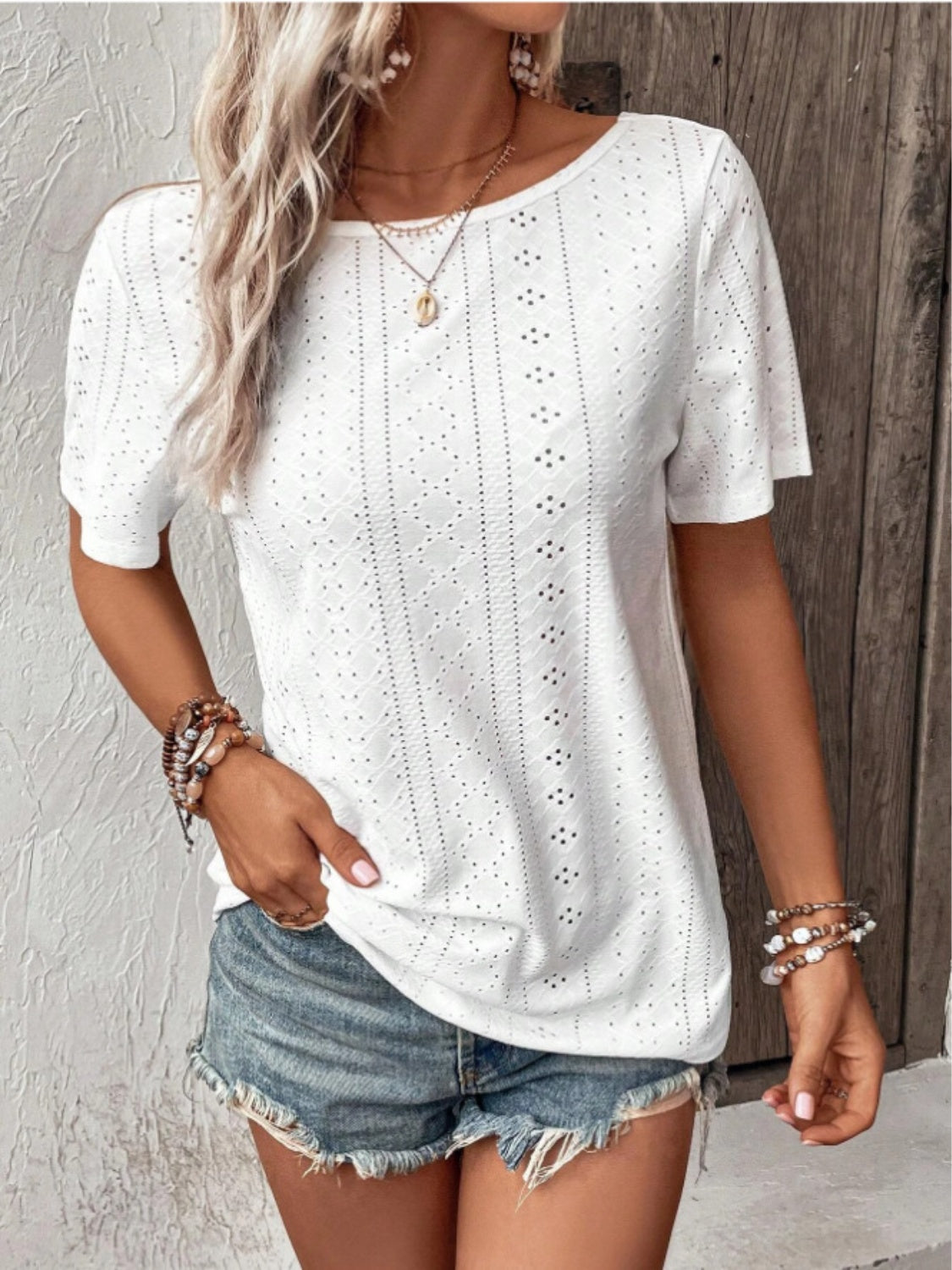 TEEK - White Lace Detail Eyelet Short Sleeve Blouse TOPS TEEK Trend   