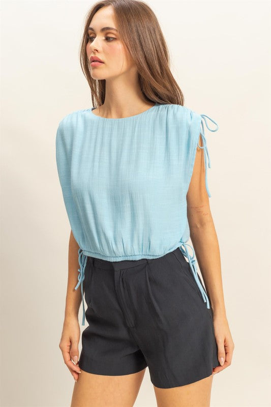 TEEK - Mint Blue Bubble Hem Side Tie Sleeveless Blouse TOPS TEEK Trend