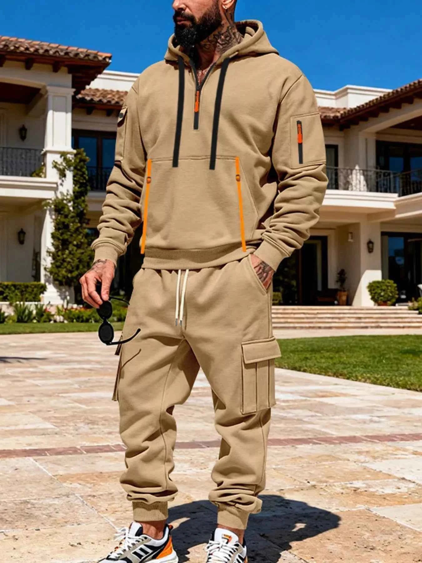 TEEK - Mens Full Size Half Zip Hoodie and Cargo Pants Set SET TEEK Trend Camel S