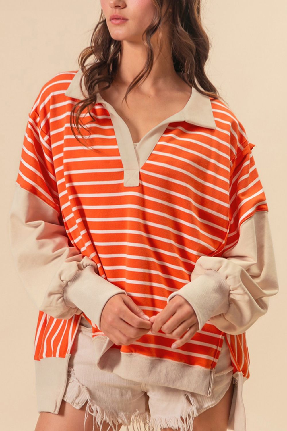 TEEK - Tangerine Striped Johnny Collar Long Sleeve Sweatshirt TOPS TEEK Trend