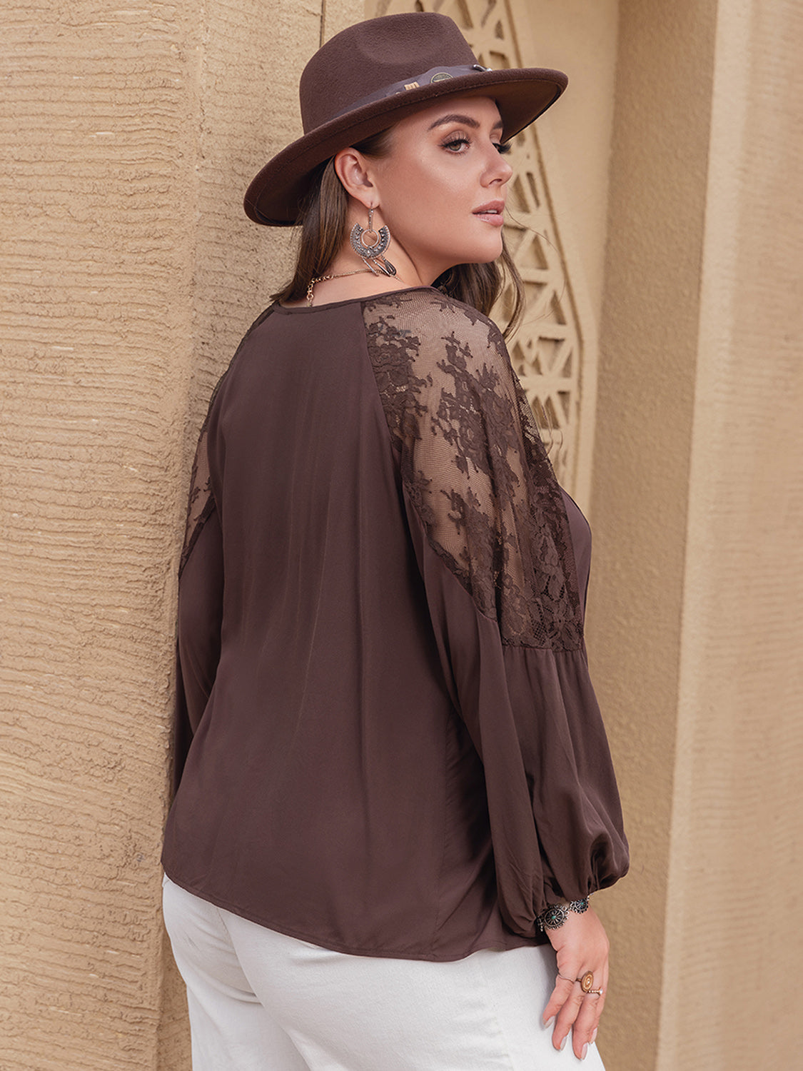 TEEK - Brown Plus Size Lace Detail Tie Neck Blouse TOPS TEEK Trend   