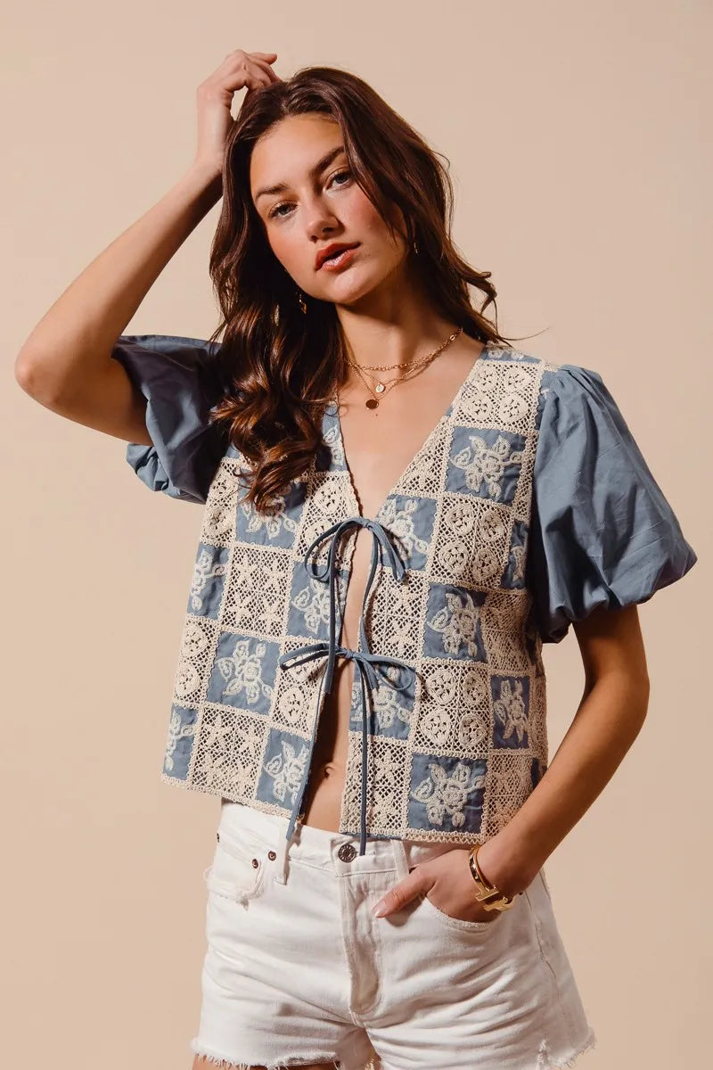 TEEK - Denim Blue Crochet Lace Tie Front V Neck Blouse Top TOPS TEEK Trend