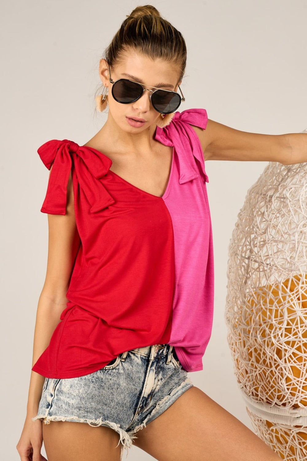 TEEK - Red Fuchsia Shoulder Ribbon Tied Contrast Tank TOPS TEEK Trend   