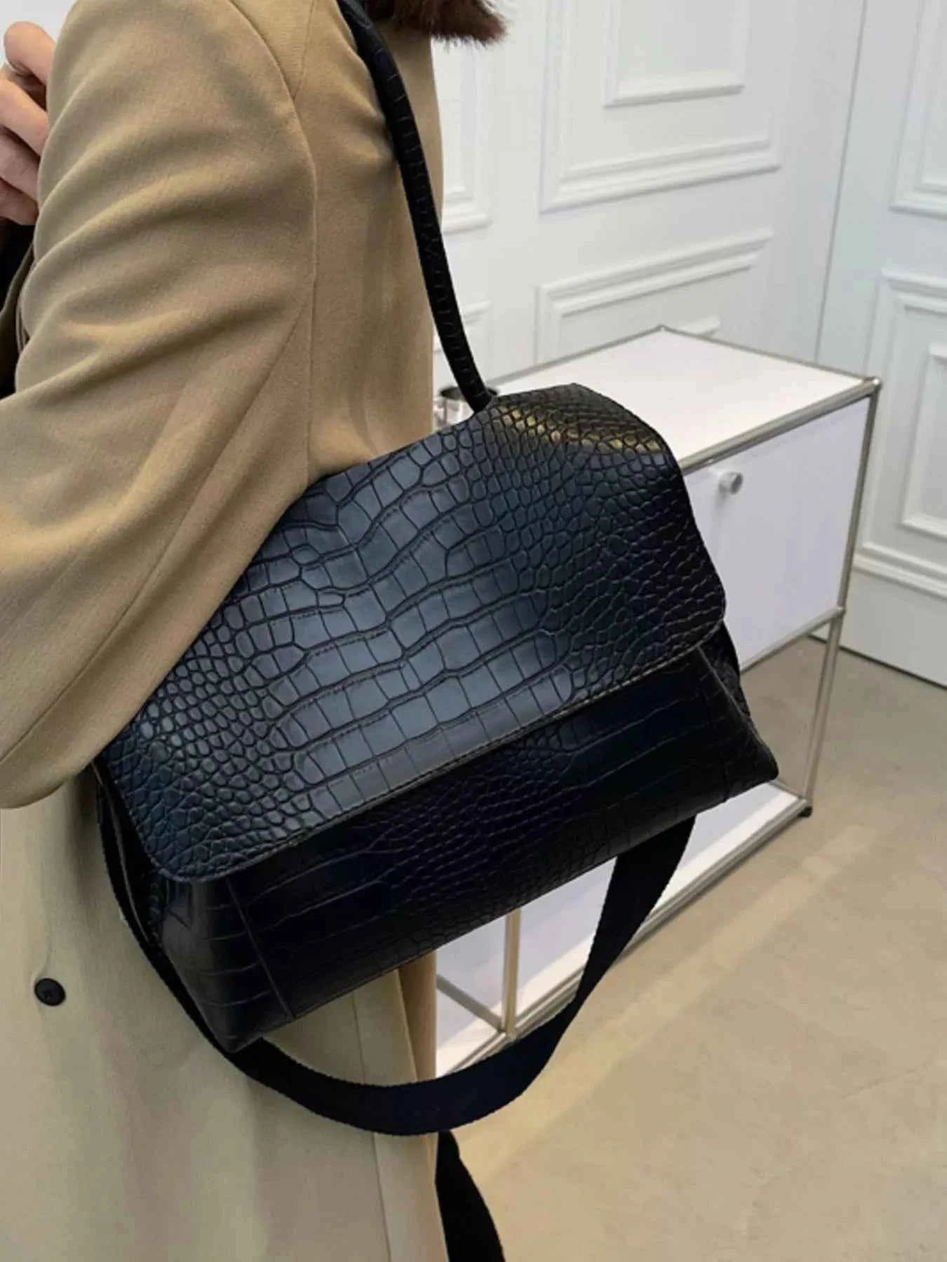 Crocodile Embossed Flap Shoulder Bag Trendsi