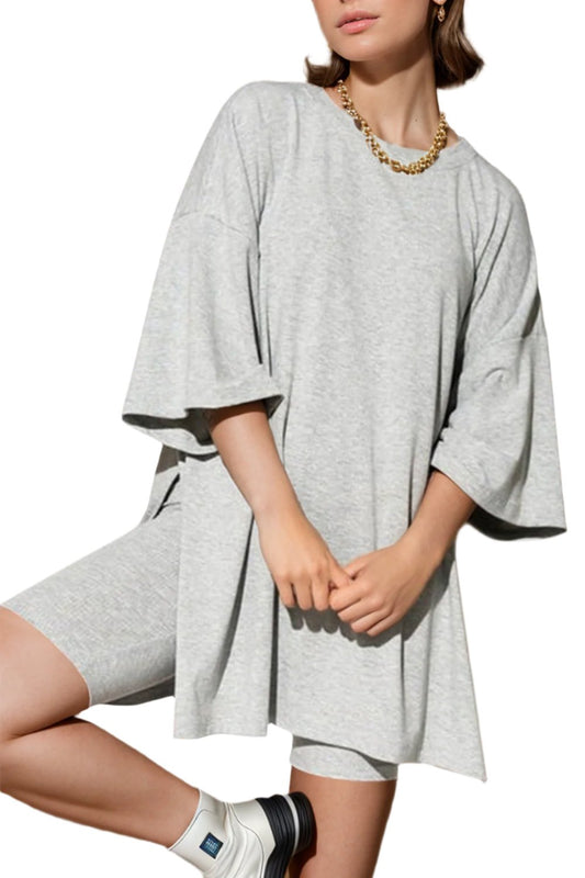 TEEK - Grey Slit Round Neck Top and Shorts Set SET TEEK Trend S  