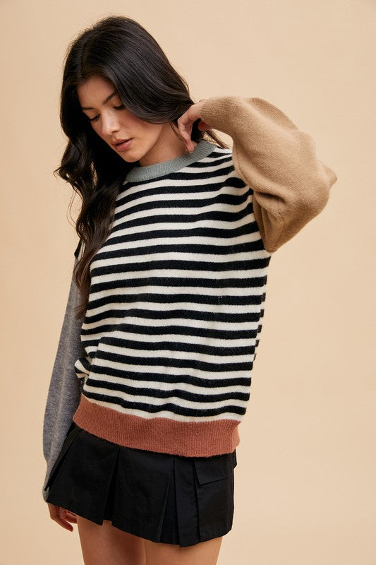 TEEK - Ivory Black Striped Color Block Sweater TOPS TEEK Trend