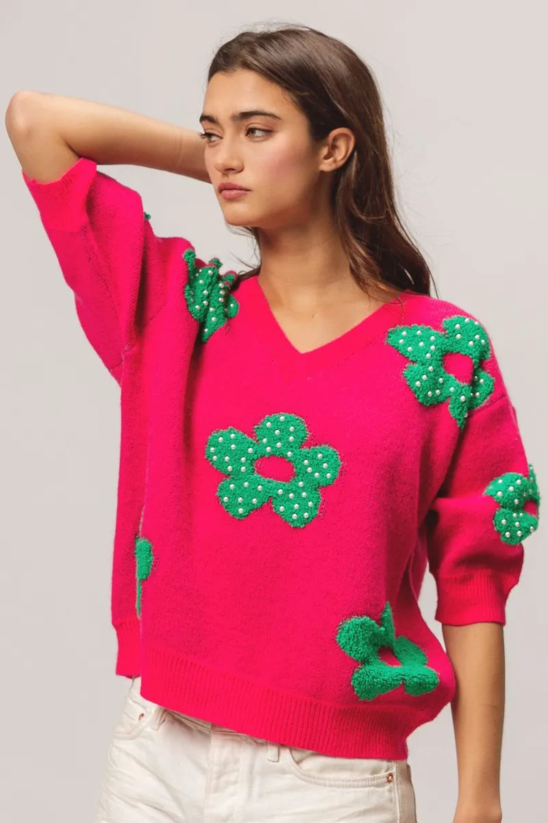 TEEK - Fuchsia Jade Pearl Beads Flowers Sweater Top TOPS TEEK Trend