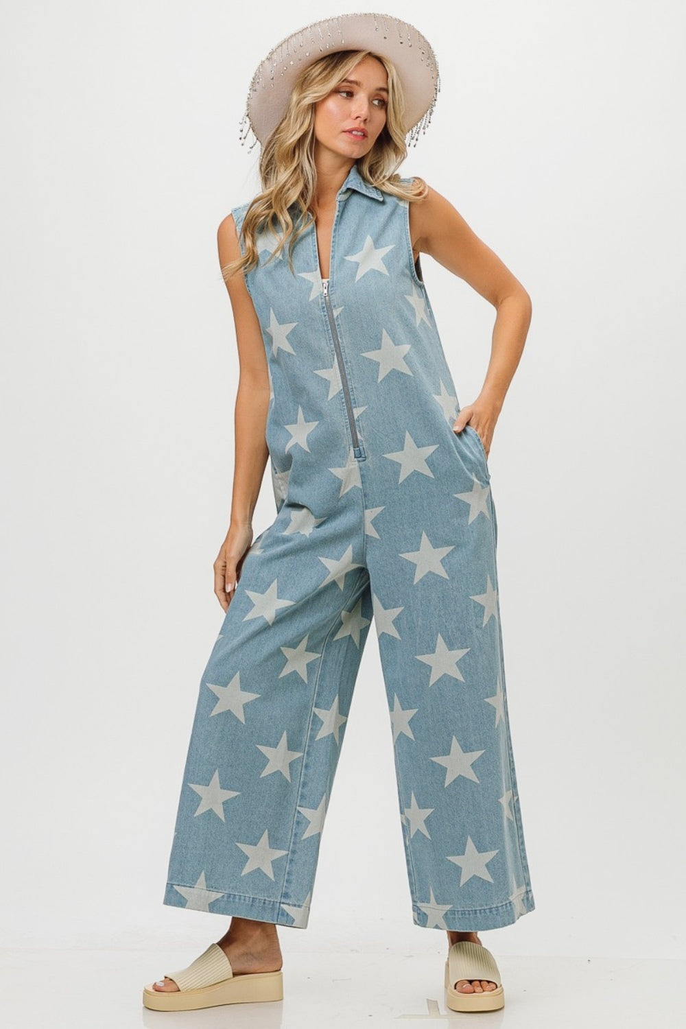 TEEK - Star Print Half Zip Sleeveless Denim Jumpsuit JUMPSUIT TEEK Trend   