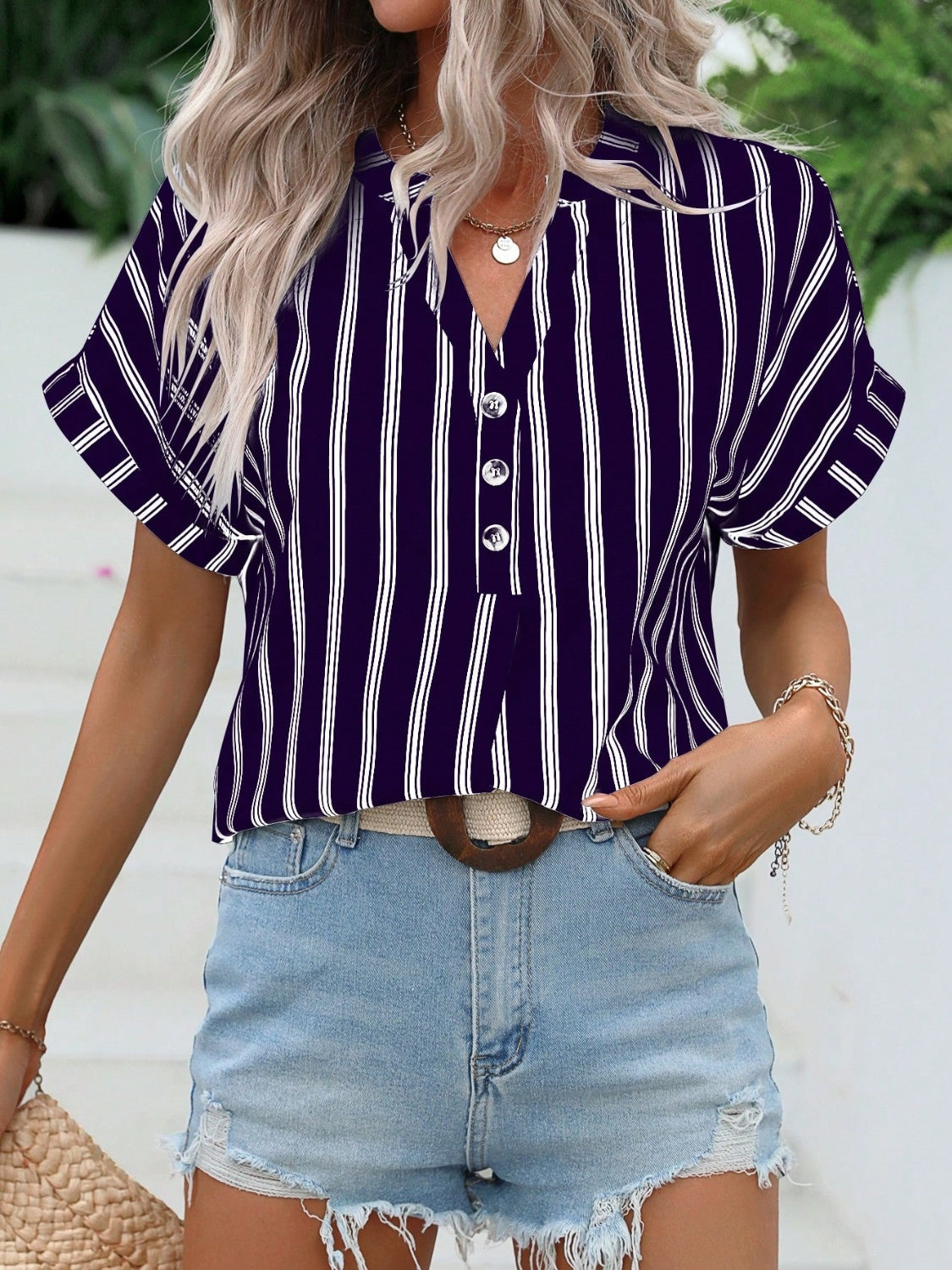 TEEK - Striped Button Notched Short Sleeve Blouse TOPS TEEK Trend   