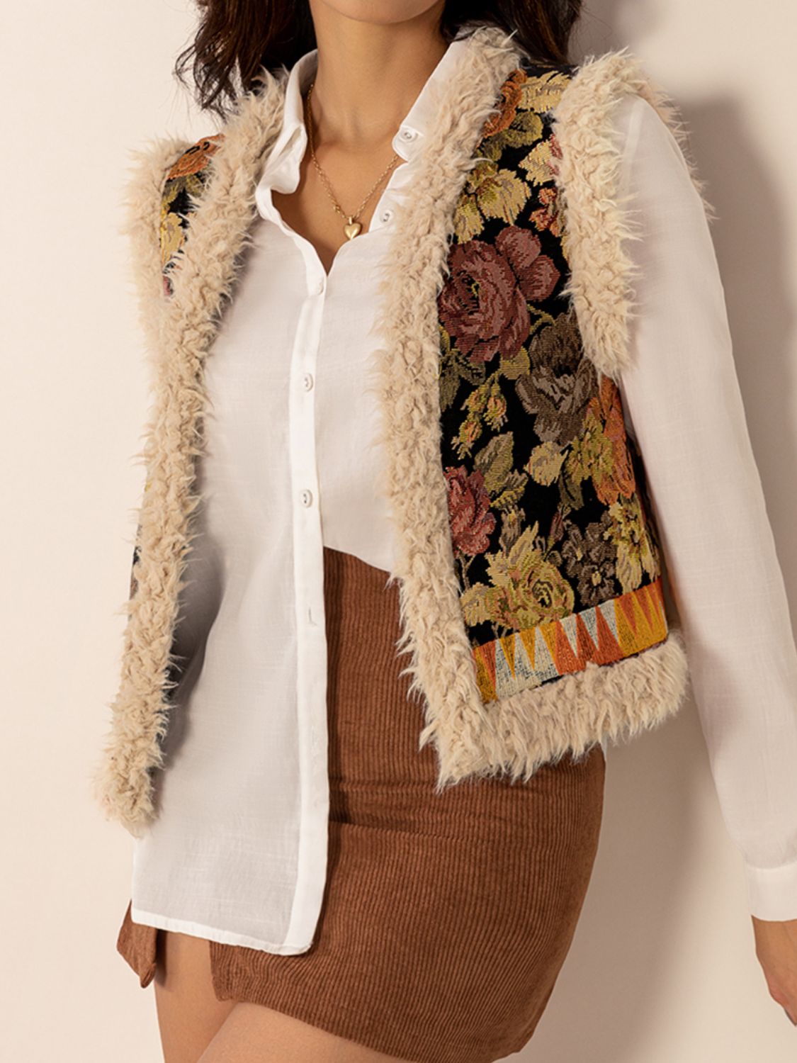 Embroidered Fuzzy Trim Open Front Vest Coat TEEK Trend