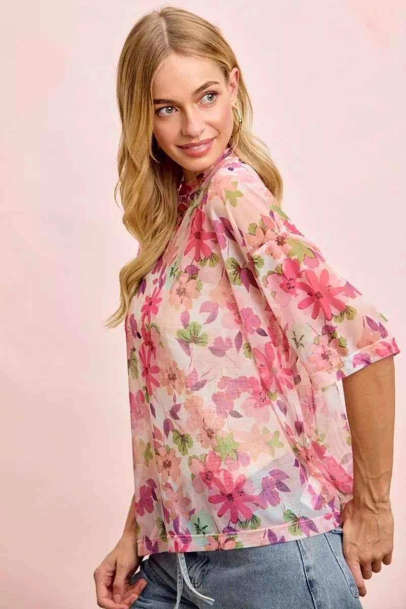BiBi Floral Print Short Sleeves Boxy Mesh Top Trendsi