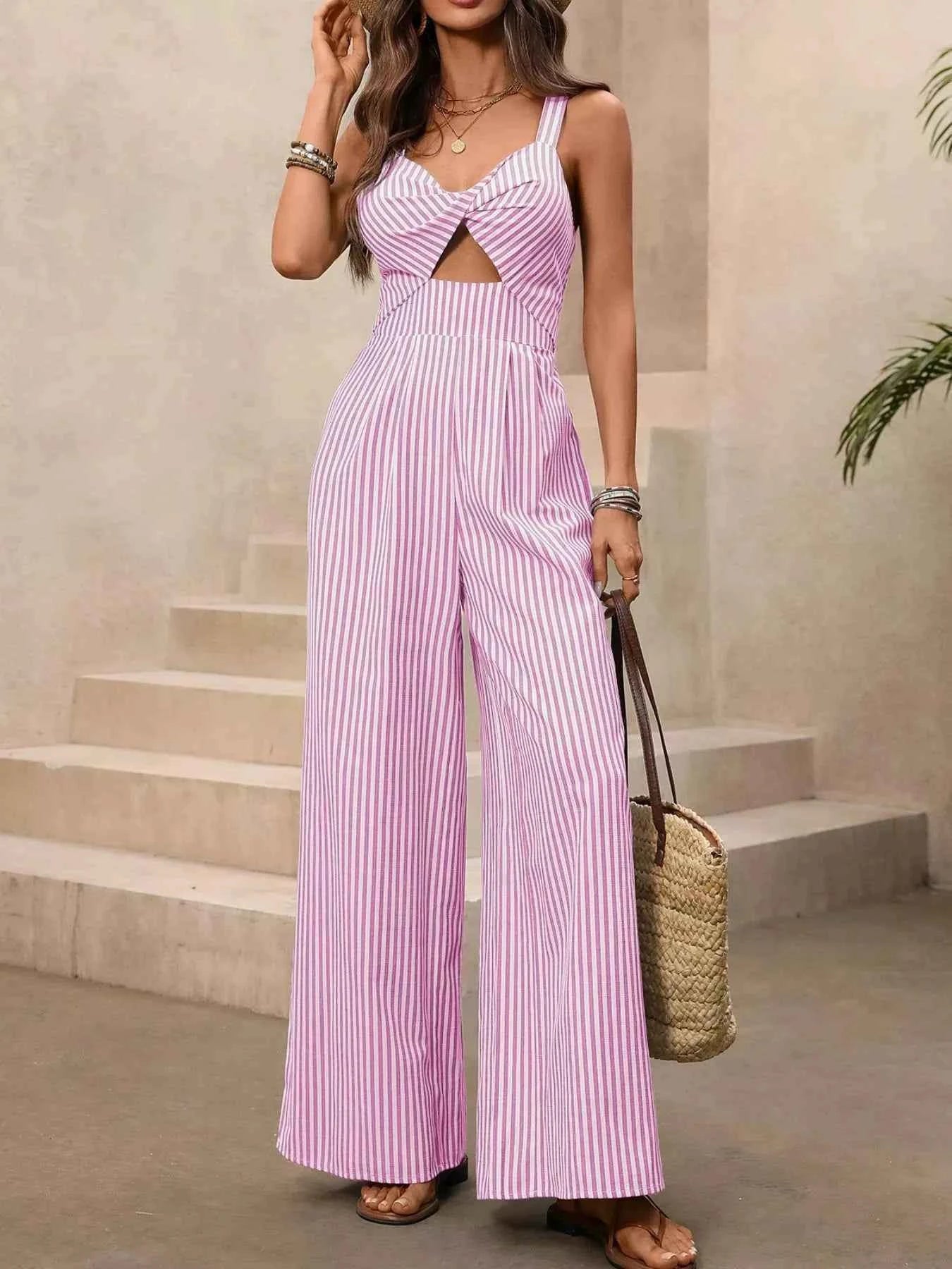 Striped Cutout Twist Front Wide Leg Jumpsuit Trendsi Blush Pink S