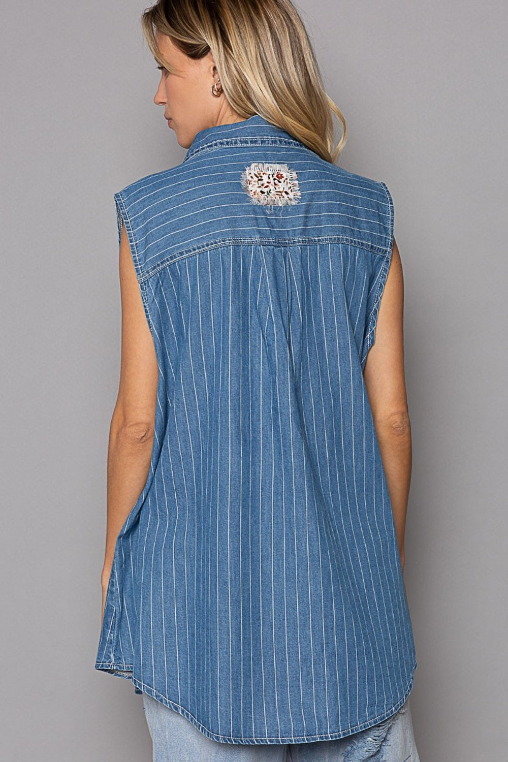 TEEK - Button Down Sleeveless Striped Denim Shirt  TEEK Trend   