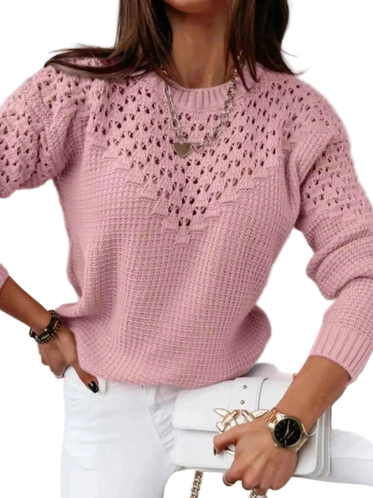Textured Openwork Round Neck Sweater Trendsi Pink S