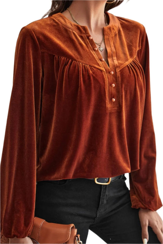 Notched Long Sleeve Velvet Top TEEK Trend Brown S