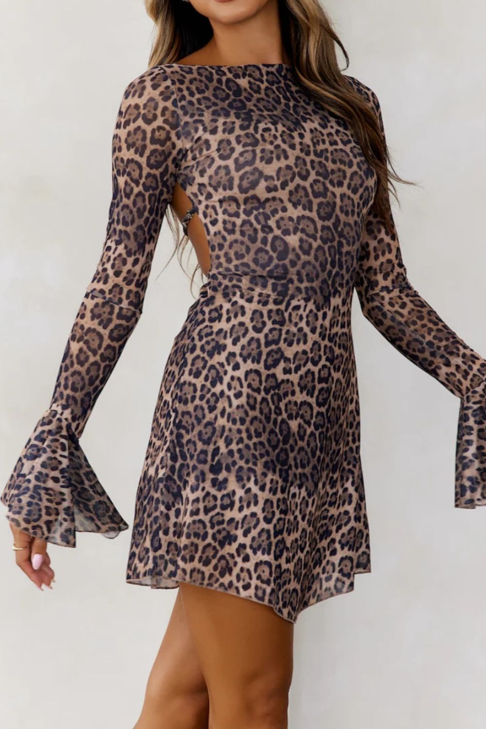 Backless Leopard Flare Sleeve Dress Trendsi