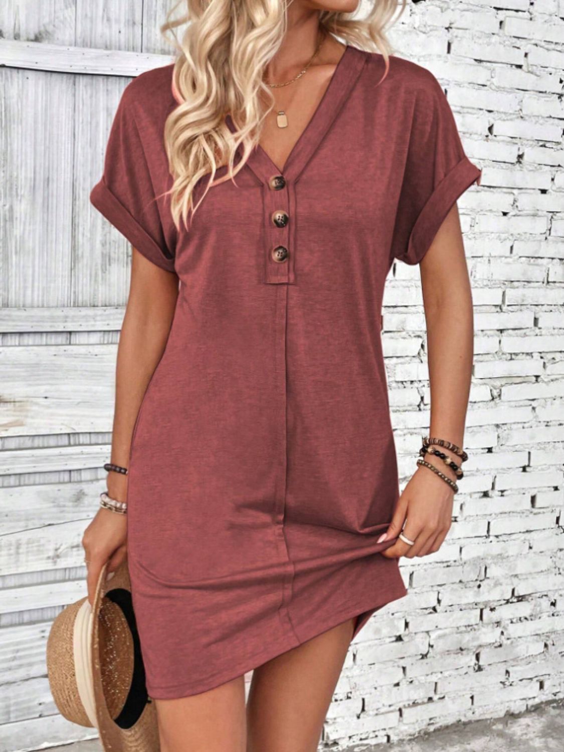 TEEK - Quarter Button V-Neck Short Sleeve Dress DRESS TEEK Trend Rust S 