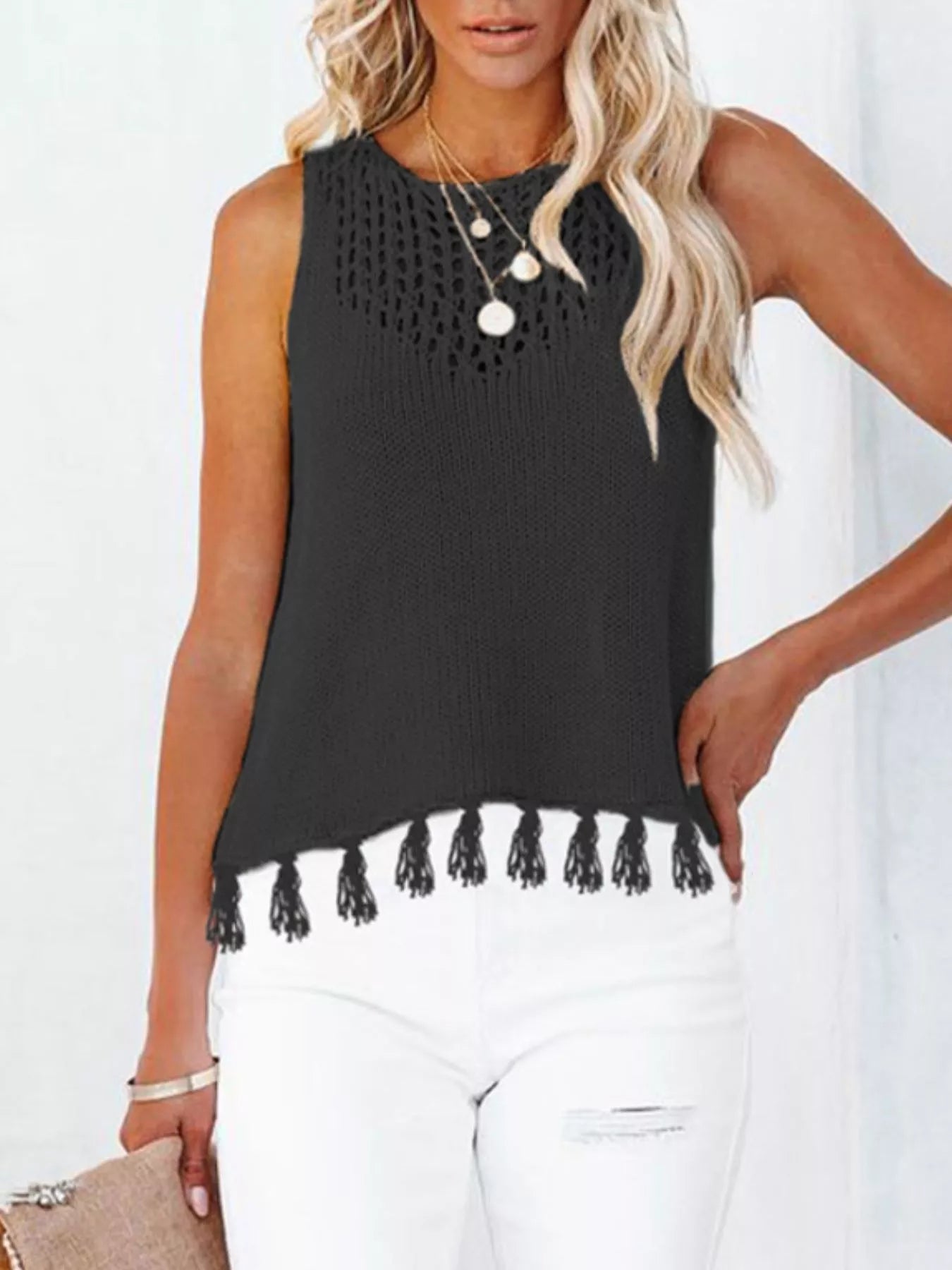 Tassel Knit Tank Trendsi Black S