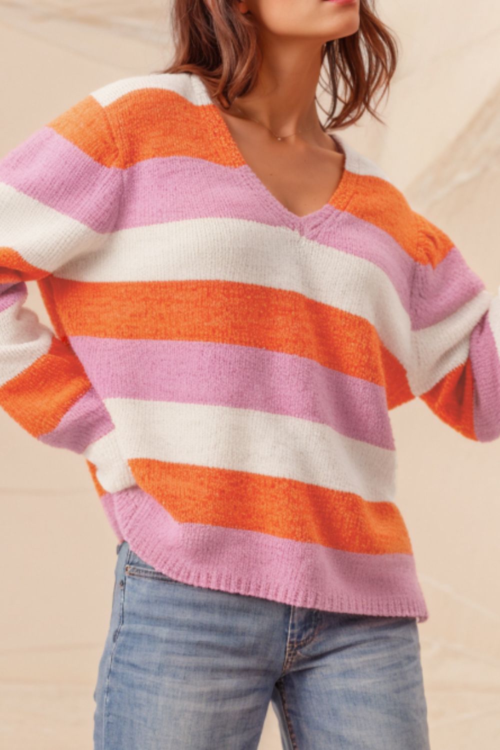 TEEK - TangerineColor Block V-Neck Long Sleeve Sweater TOPS TEEK Trend