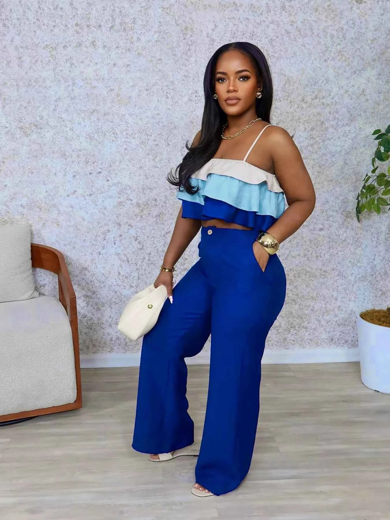 Layered Ruffle Crop Top and Pants Set Trendsi Blue S