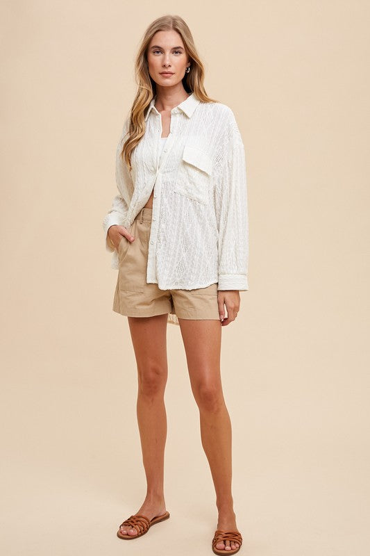 TEEK - Ivory Openwork Button Down Drop Shoulder Shirt TOPS TEEK Trend
