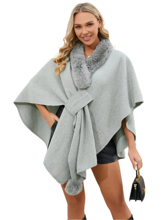 TEEK - Fuzzy Trim Open Front Poncho JACKET TEEK Trend Gray One Size