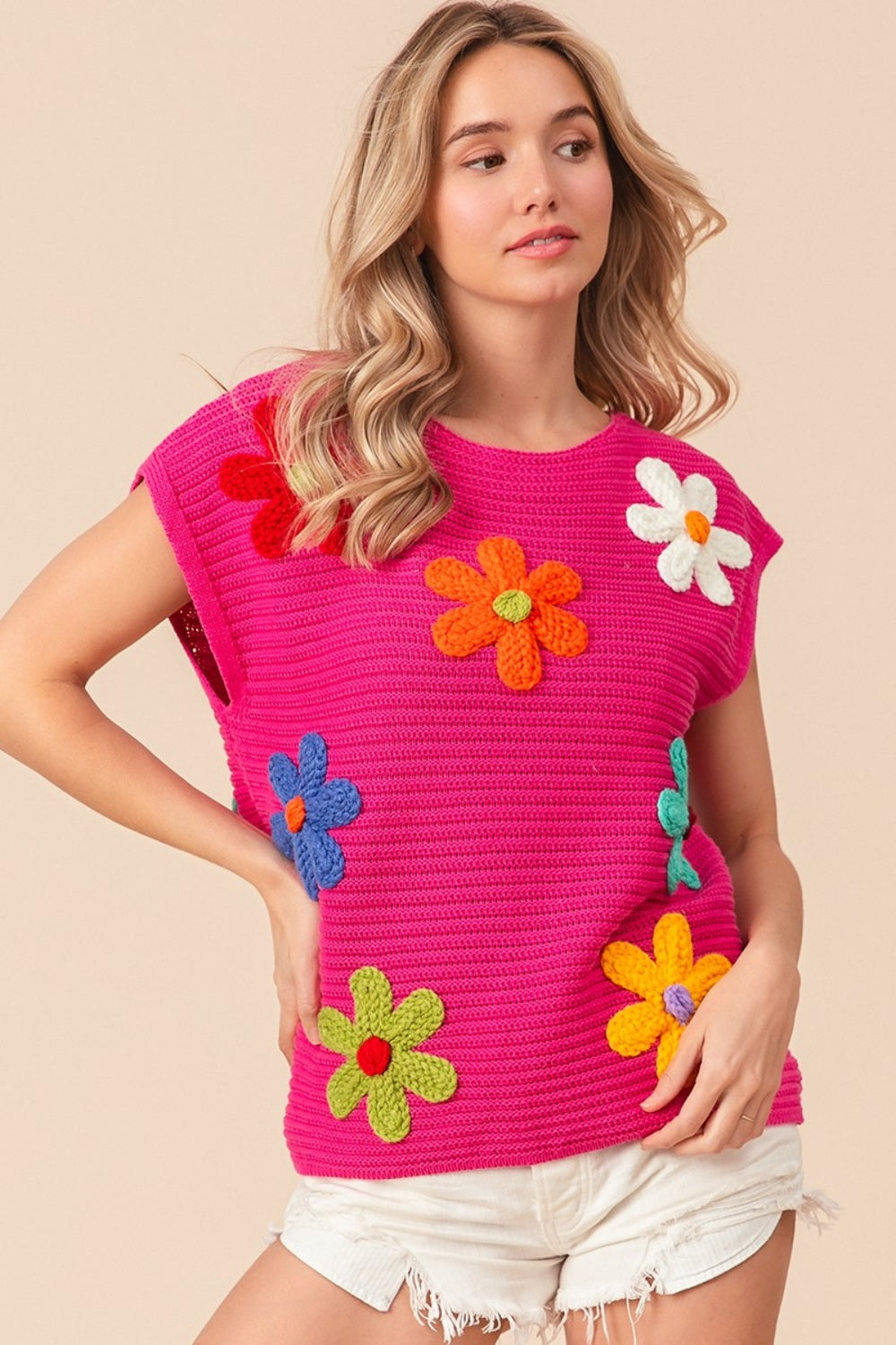 TEEK - Fuschia Flower Round Neck Cap Sleeve Knit Top SWEATER TEEK Trend   