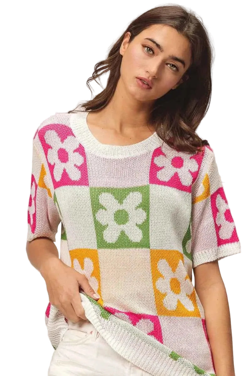 BiBi Flower Checker Pattern Lightweight Sweater Top