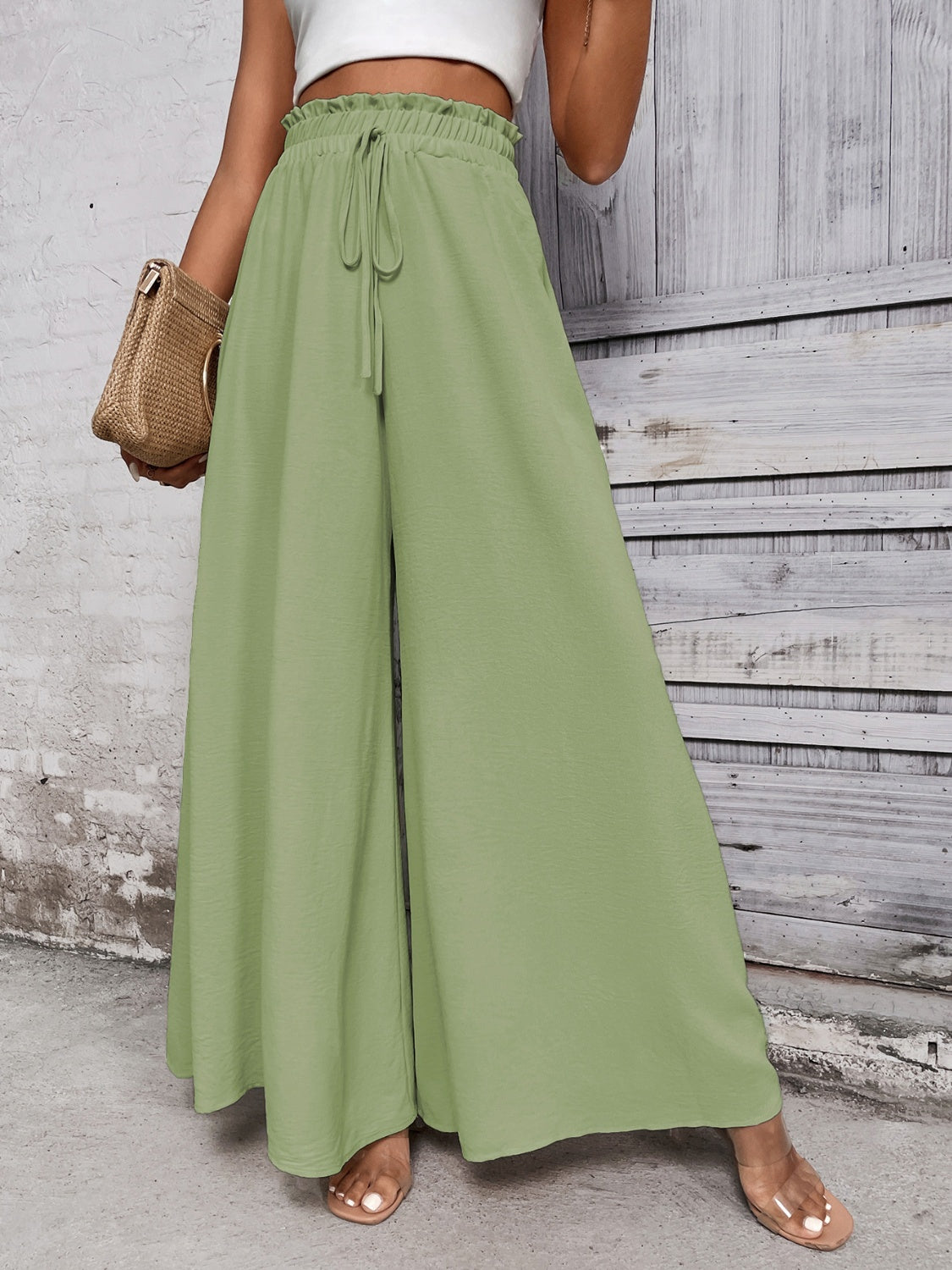 TEEK - Tied High Waist Wide Leg Pants PANTS TEEK Trend Light Green S 