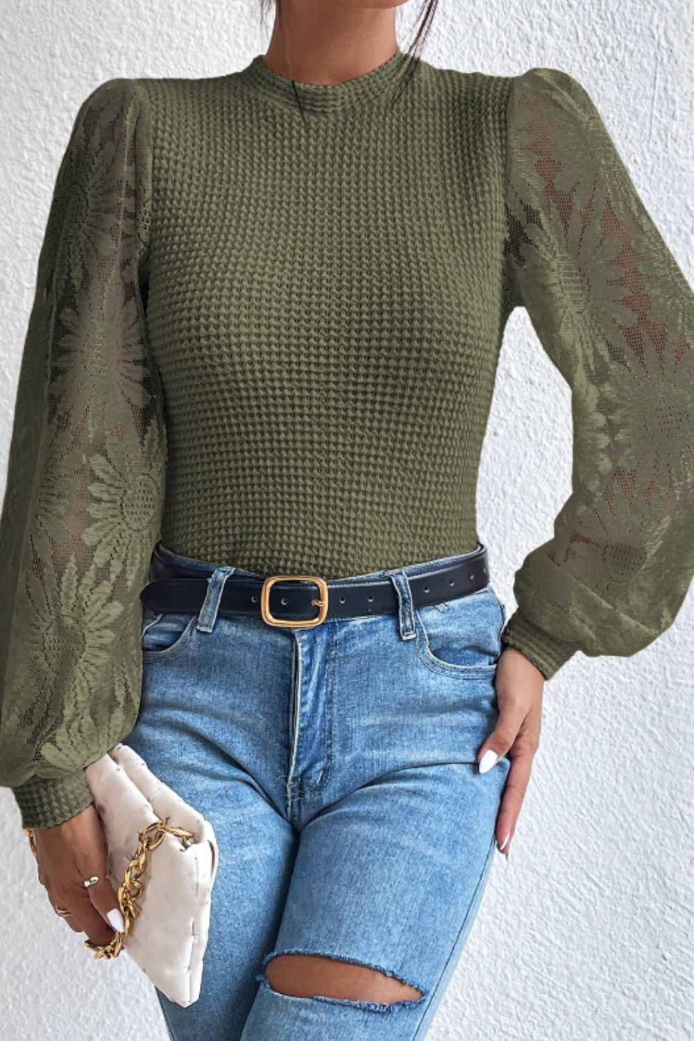 Mock Neck Lace Long Sleeve Top Trendsi Army Green S