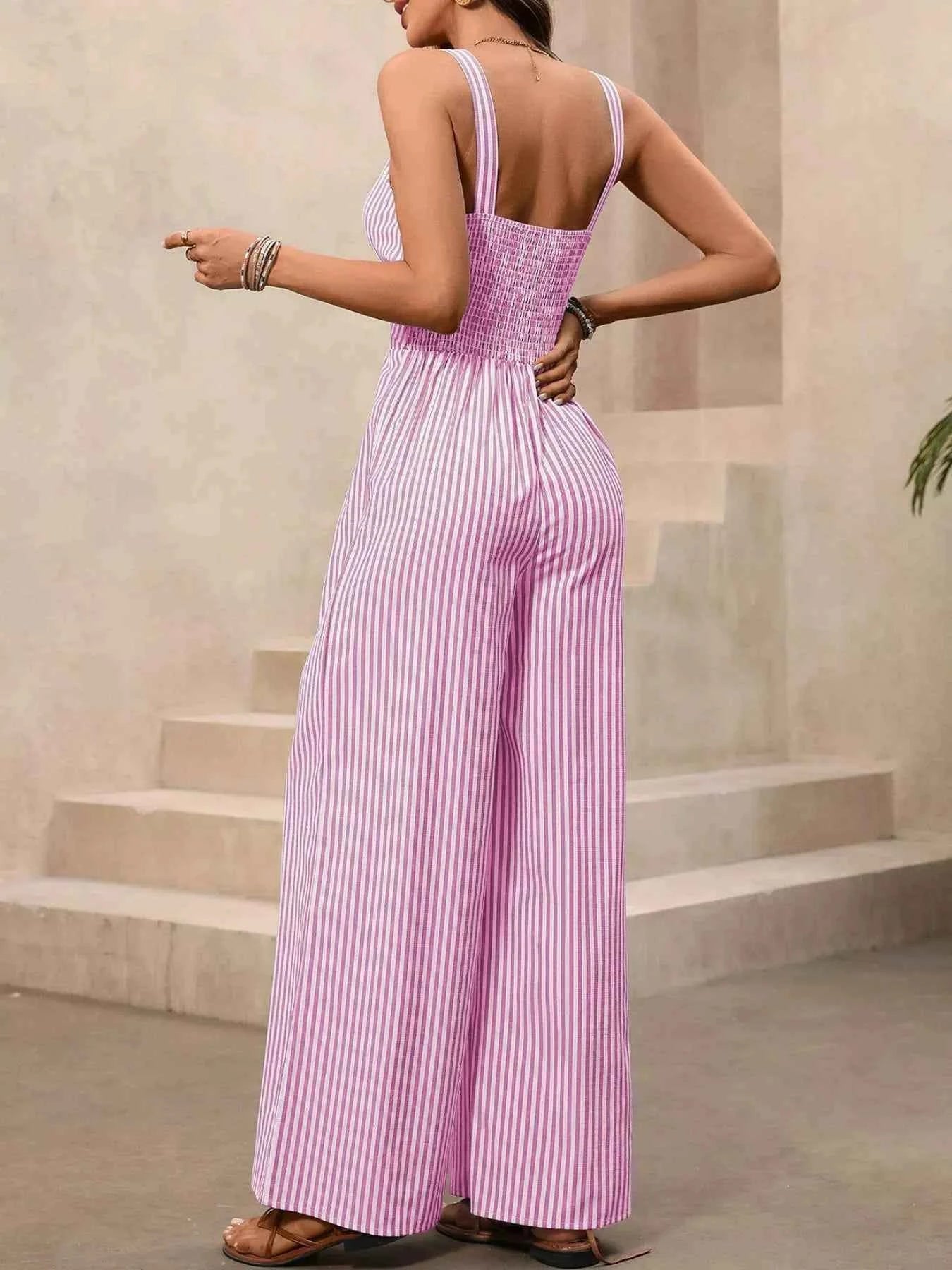 Striped Cutout Twist Front Wide Leg Jumpsuit Trendsi