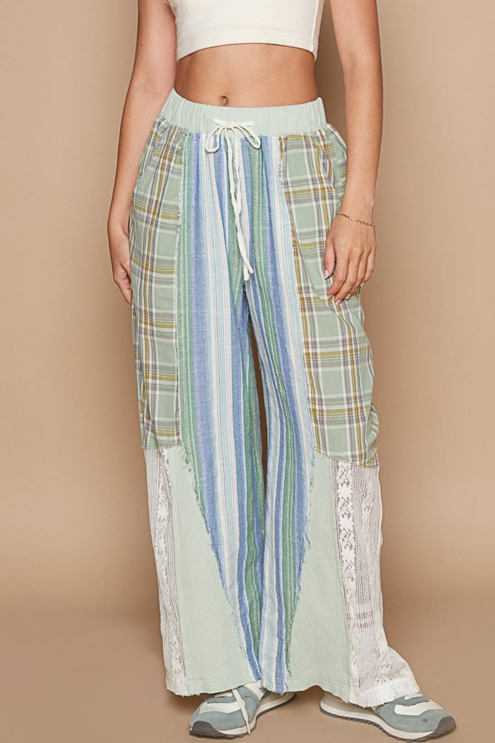 TEEK - Light Green Multi Drawstring Plaid Lace Straight Pants PANTS TEEK Trend S  
