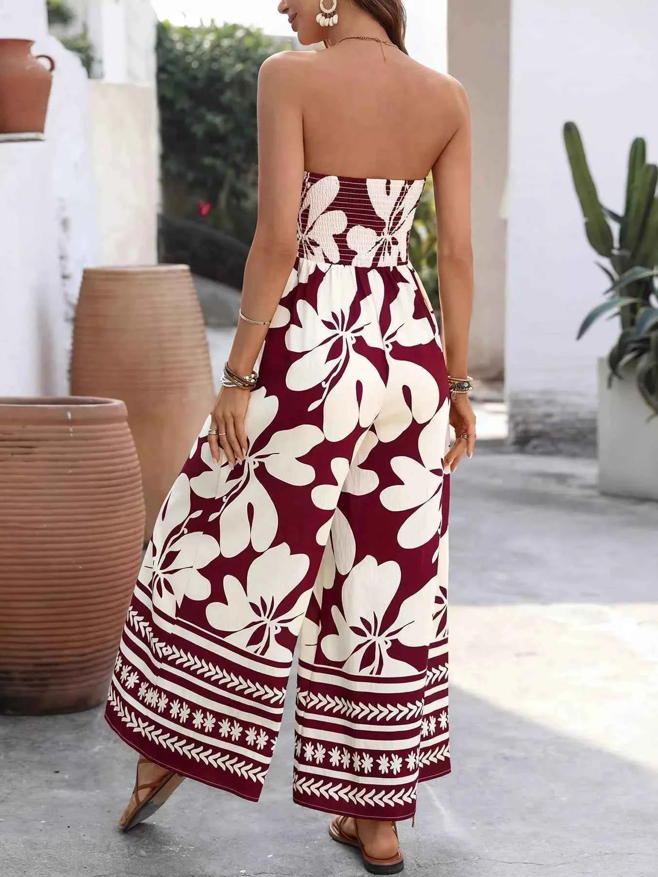 TEEK - Floral Print Tie Front Strapless Wide Leg Jumpsuit JUMPSUIT TEEK Trend