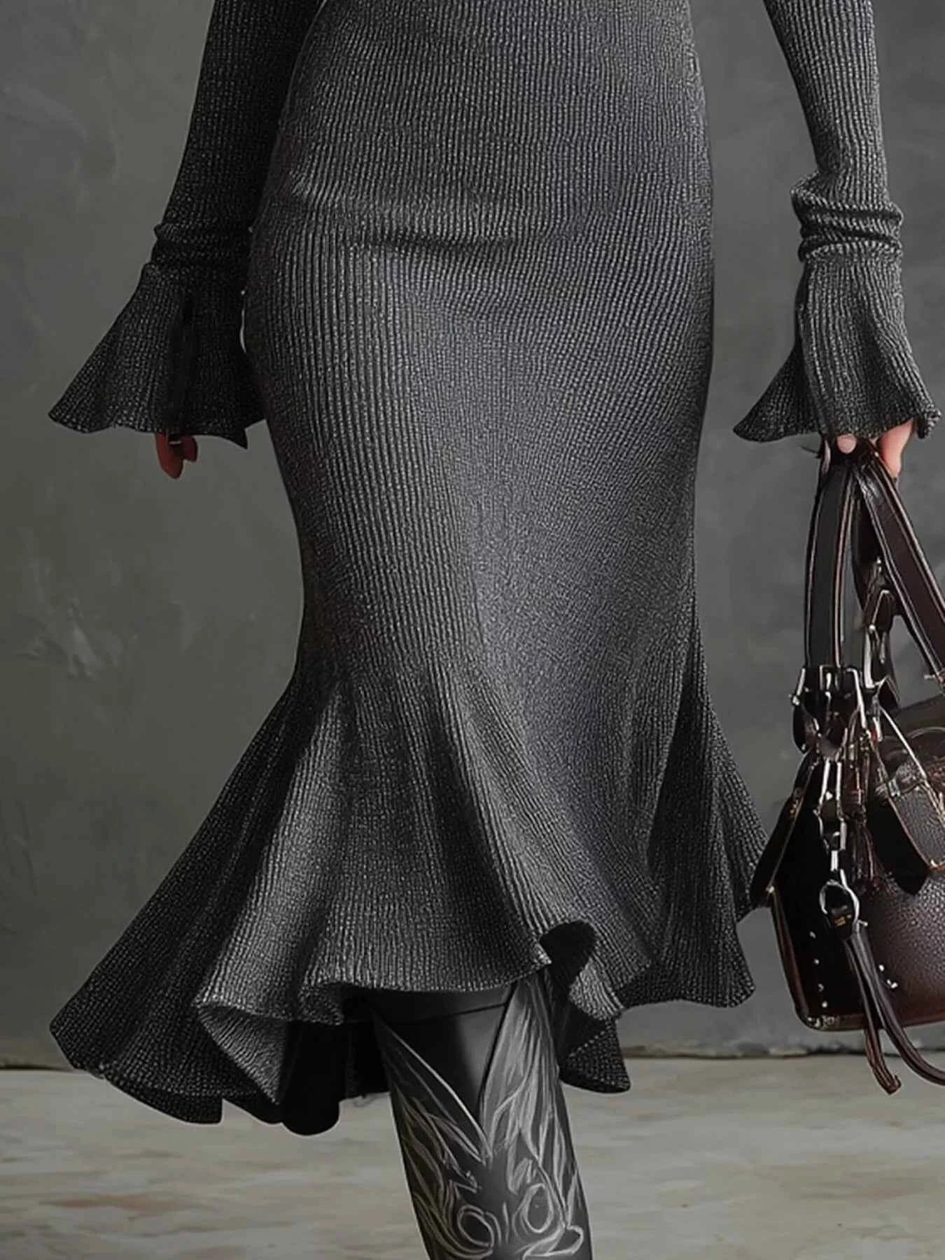 TEEK - Ribbed Knit Zip Front Flare Hem Midi Dress Trendsi