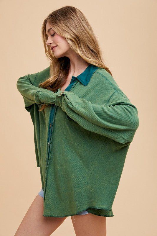 TEEK - Dark Green Waffle-Knit Mineral Washed Button Down Shirt TOPS TEEK Trend