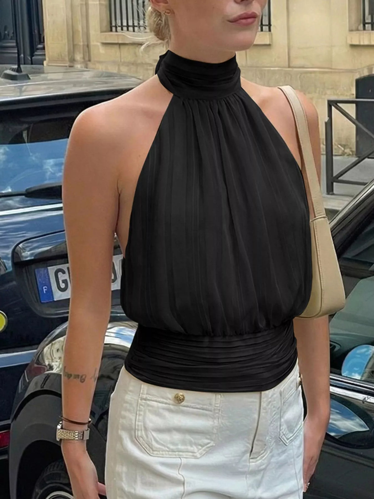 Halter Neck Striped Cami Top Trendsi Black S