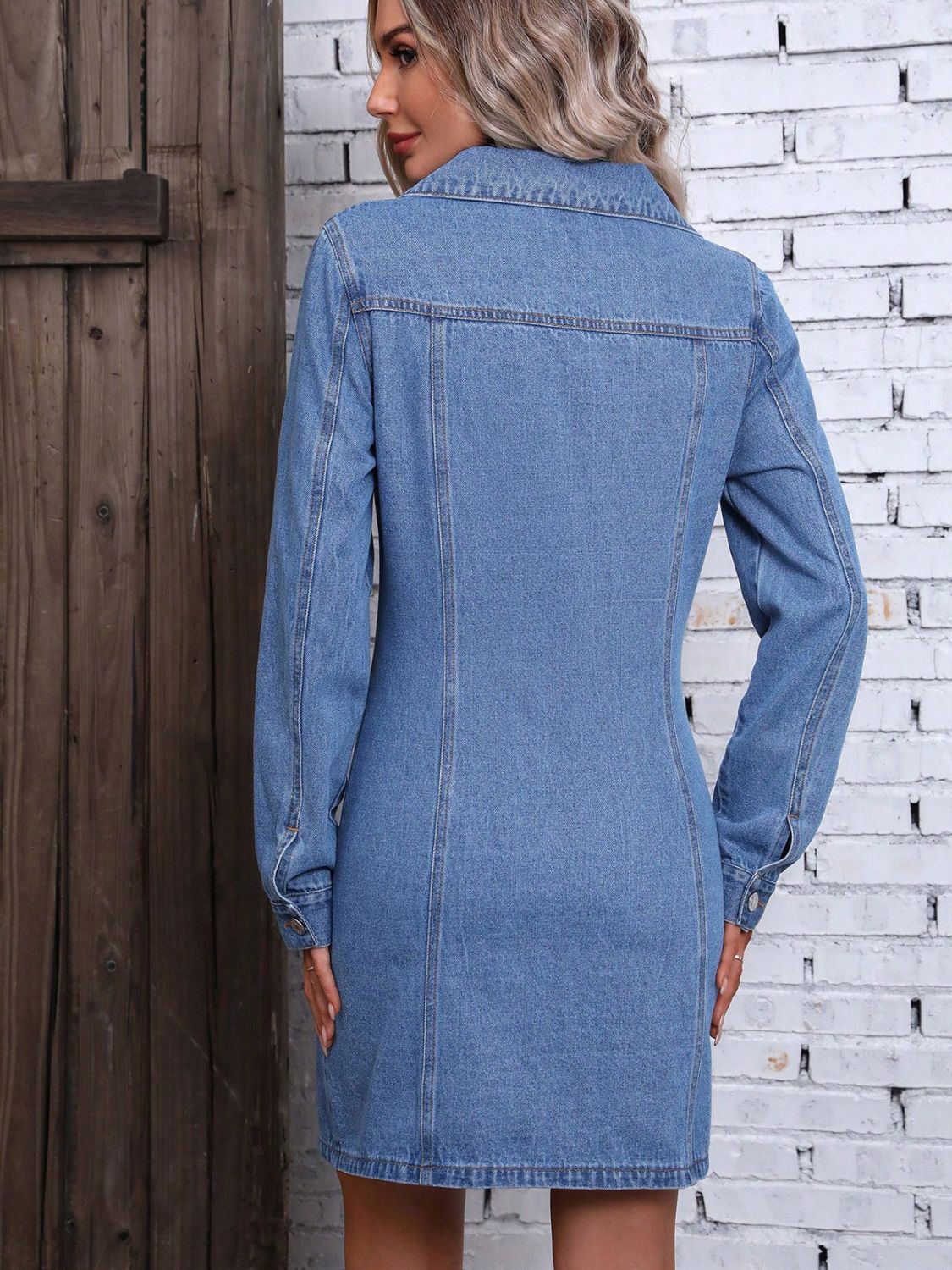 TEEK - Ruched Button Up Long Sleeve Medium Wash Denim Dress DRESS TEEK Trend   