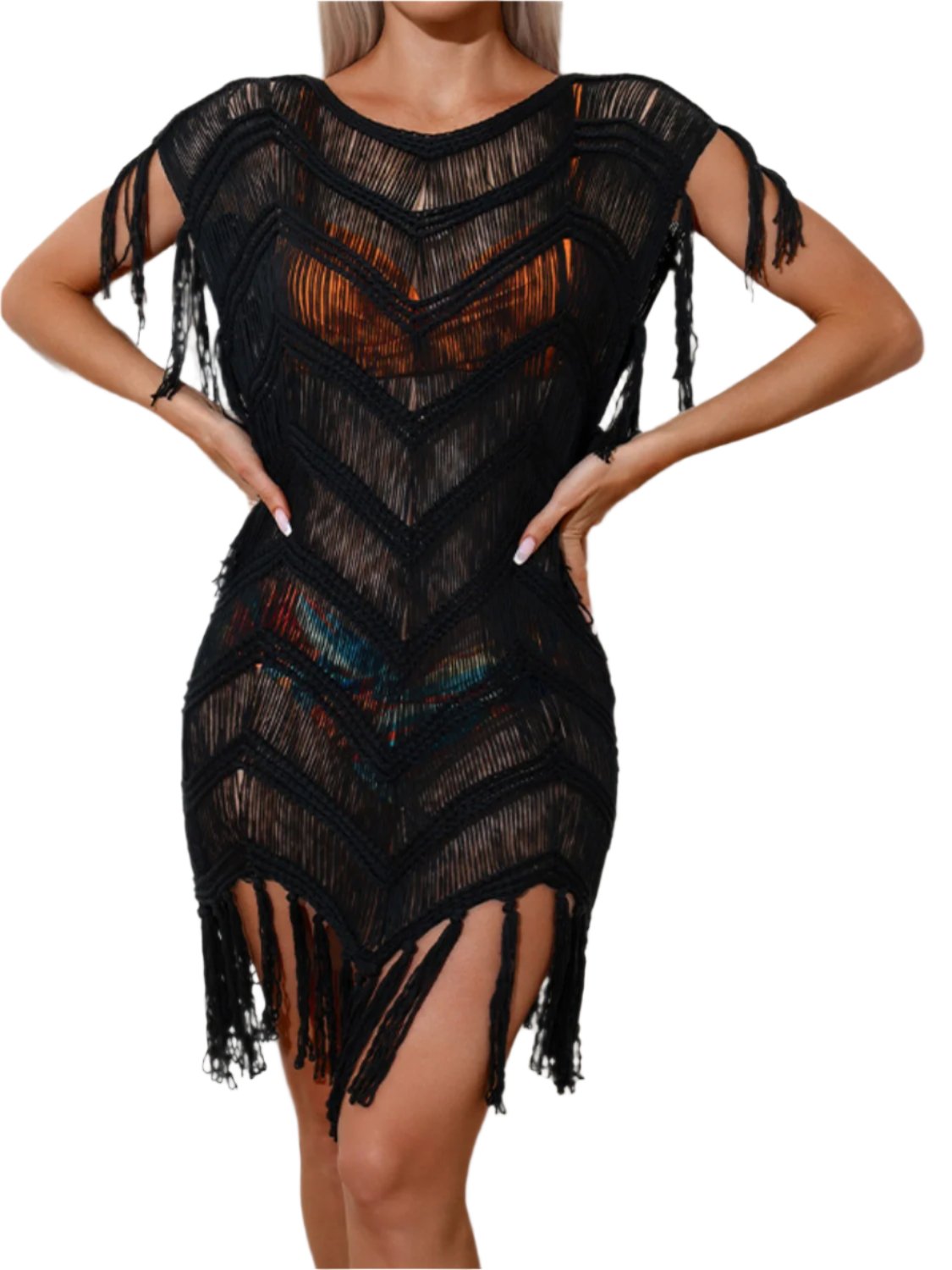 TEEK - Fringe Sheer Cap Sleeve Beach Cover Up DRESS TEEK Trend Black One Size 