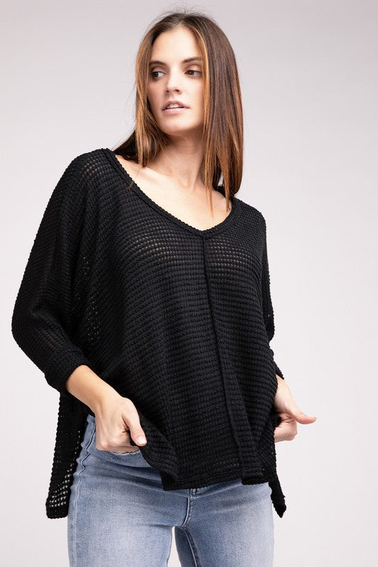 TEEK - 3/4 Sleeve V-Neck Hi-Low Hem Jacquard Sweater SWEATER TEEK FG   