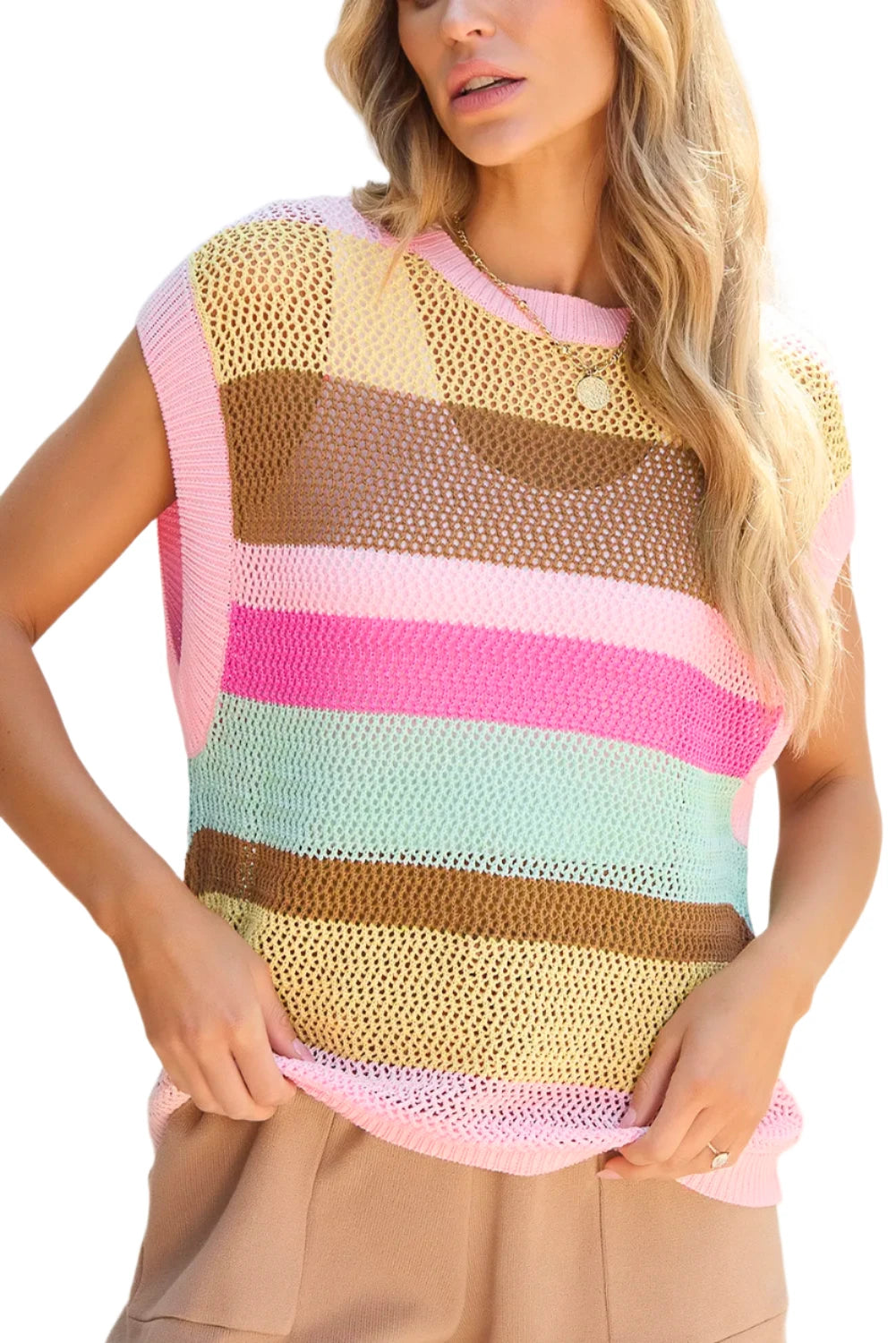 TEEK - Blush Pink Color Block Cap Sleeve Knit Top  TEEK Trend S  