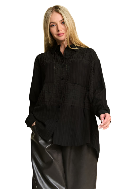 TEEK - Black Crinkled Jacquard Button Down Shirt TOPS TEEK Trend S