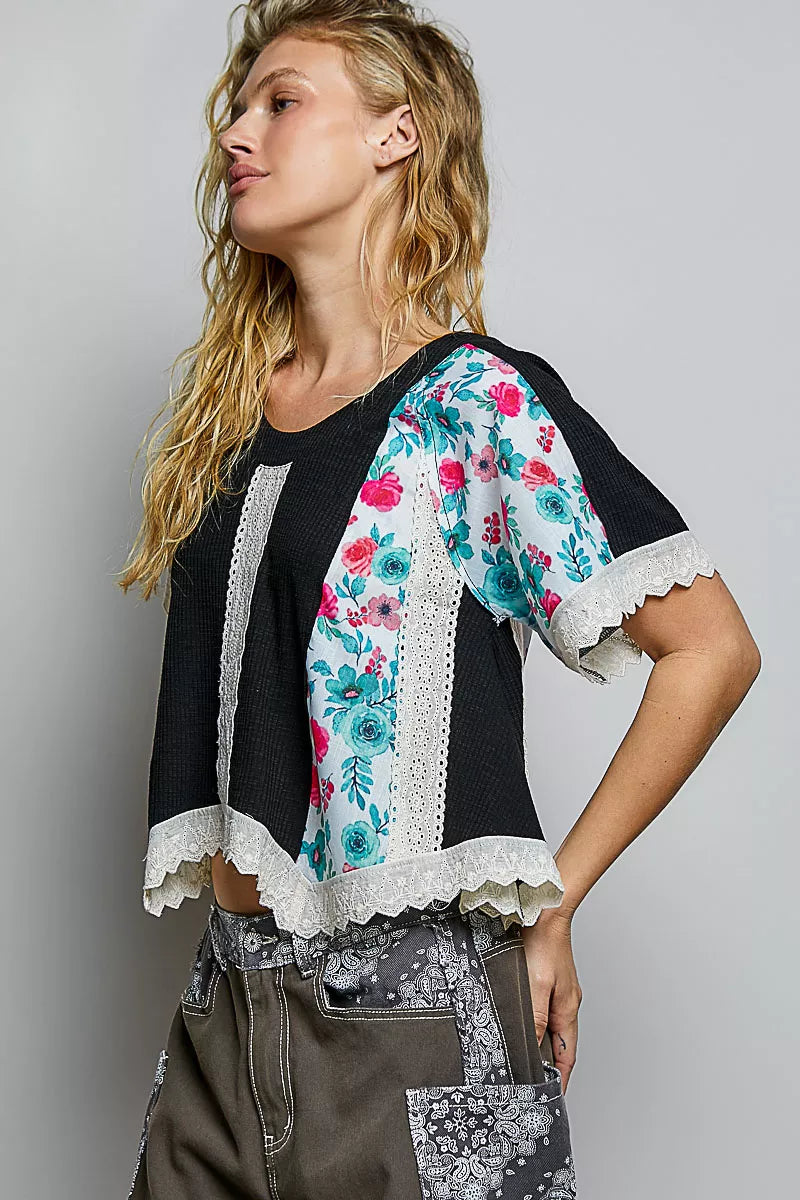 POL Round Neck Ribbed Cropped Top with Lace Detail Trendsi