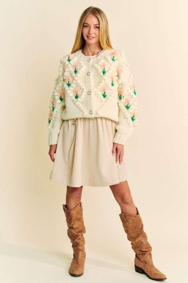 TEEK - Cream Floral Pattern Button Down Cardigan SWEATER TEEK Trend
