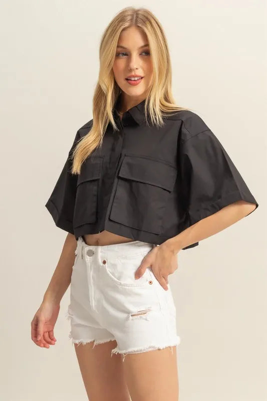 TEEK - Black Collared Neck Short Sleeve Crop Shirt TOPS TEEK Trend
