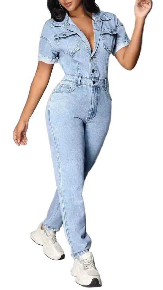 TEEK - Button Front Short Sleeve Denim Jumpsuit Trendsi Blue S
