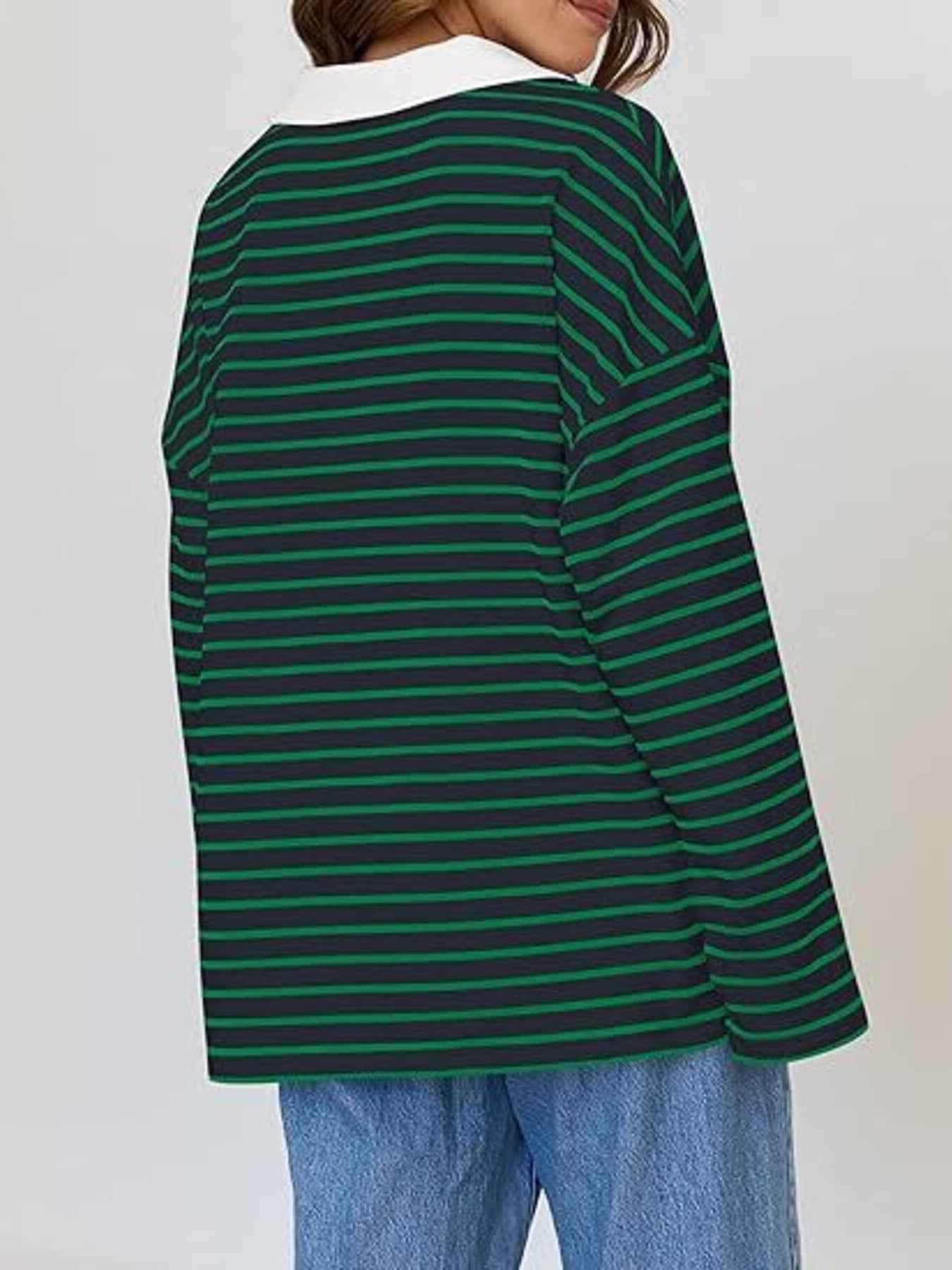 Striped Contrast Collar Long Sleeve Top Trendsi