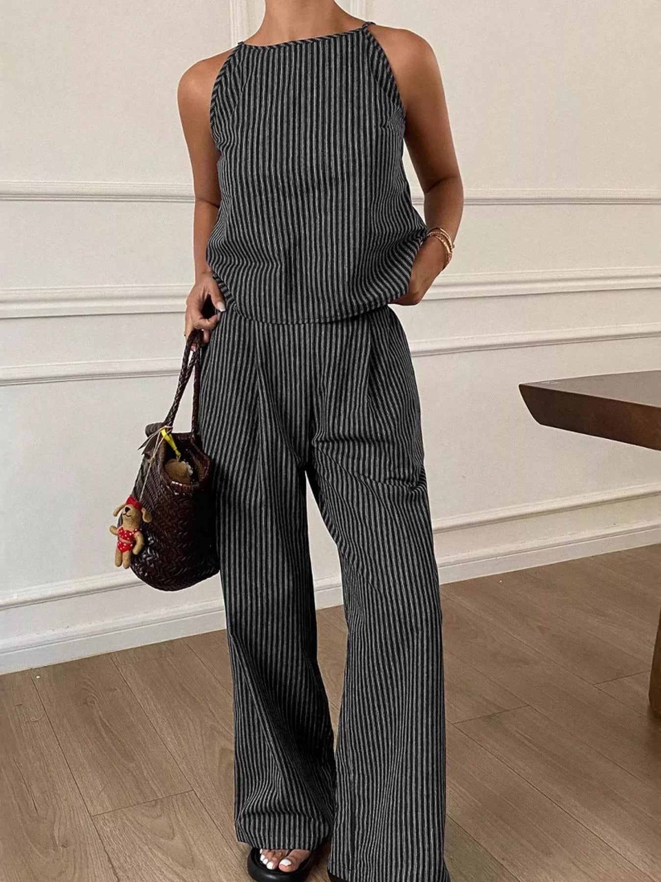 TEEK - Striped Sleeveless Top and Wide-Leg Pants Set SET TEEK Trend Black S