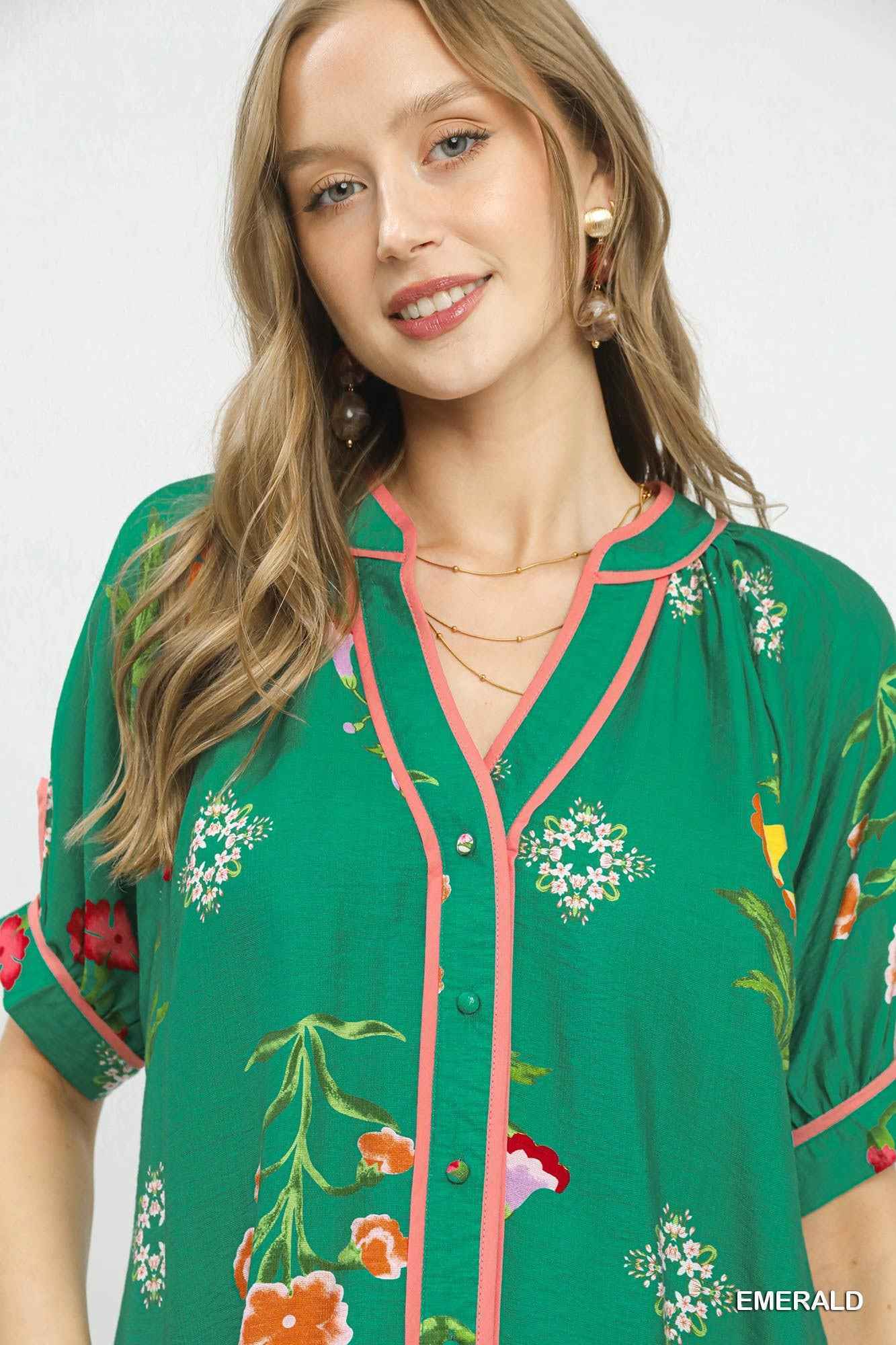 Umgee Botanical Print Contrast Trim Button Blouse Trendsi