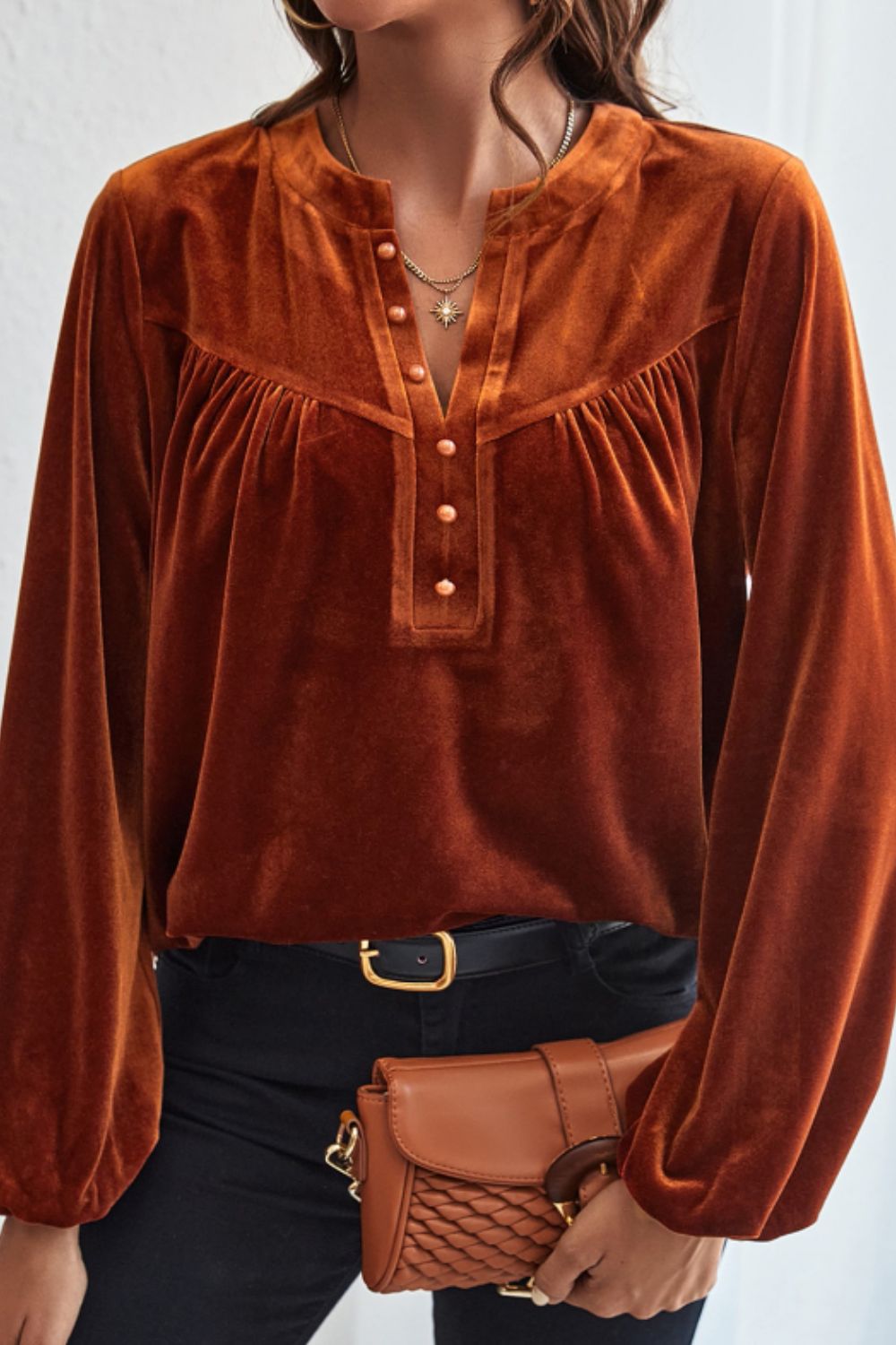 Notched Long Sleeve Velvet Top TEEK Trend